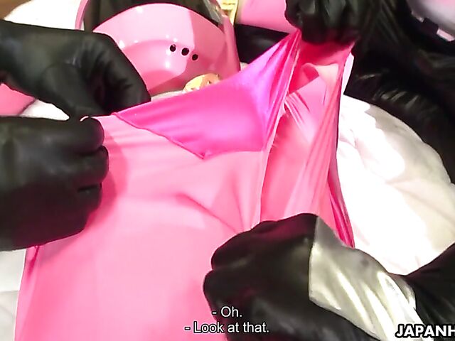 Fully clothed rough Japanese gang bang and cream pie in bodysuits