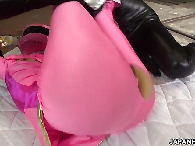 Fully clothed rough Japanese gang bang and cream pie in bodysuits