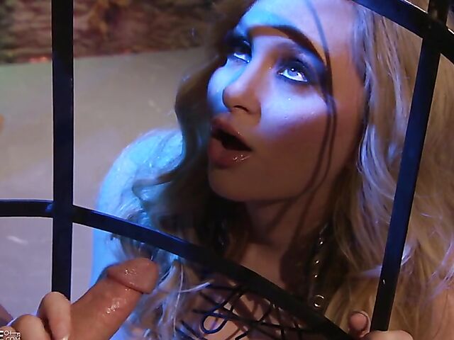 Blonde mistress in leather boots Aiden Starr has a crush on her male slave