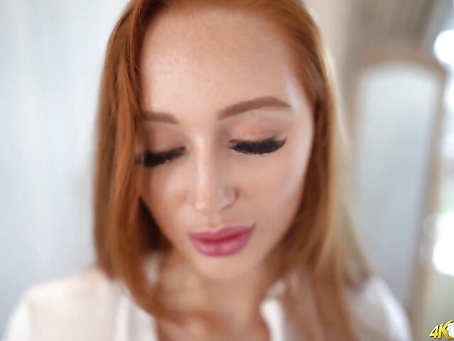 Redhead Amber Coen's tiny tits downblouse