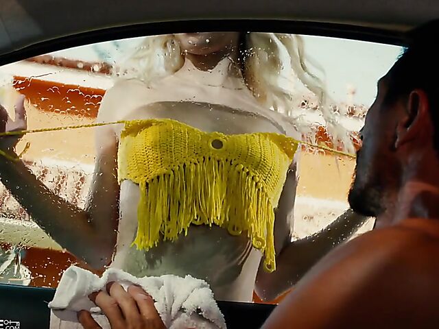 Riley Star washing her stepdad's car with her small tits and riding his cock outdoors