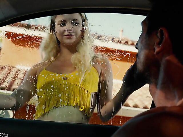 Riley Star washing her stepdad's car with her small tits and riding his cock outdoors
