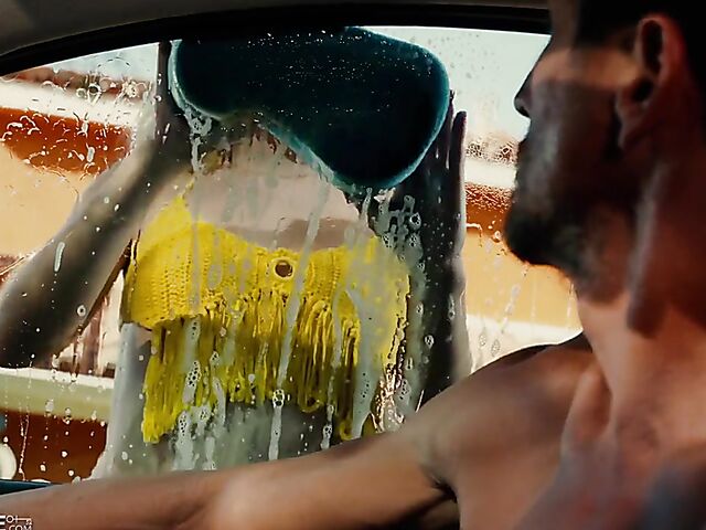 Riley Star washing her stepdad's car with her small tits and riding his cock outdoors