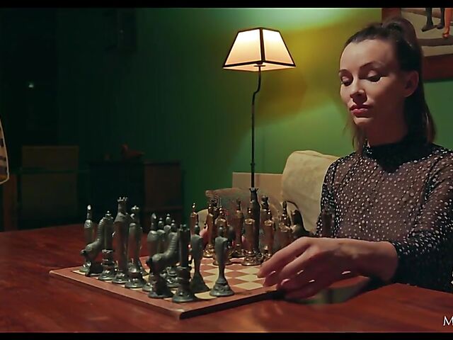 Bored Adel Morel playing chess alone and fingering herself in the evening