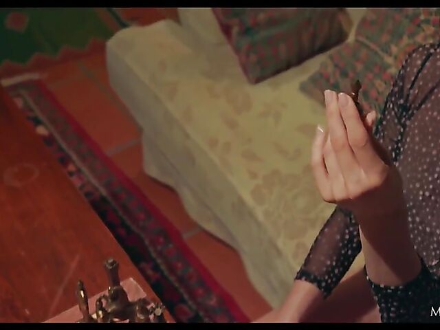 Bored Adel Morel playing chess alone and fingering herself in the evening