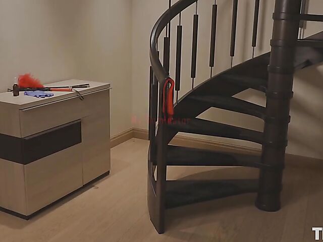 Femdom lesbian spanking and solo pussy fingering on the stairs with submissive Deepika