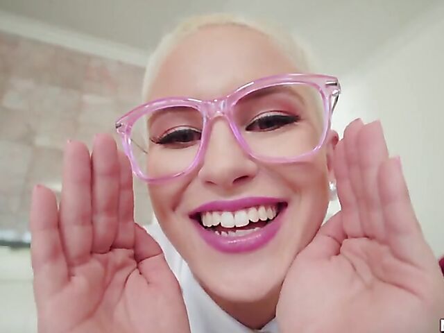 Petite blonde schoolgirl with glasses Kiara Cole is a little cock slut