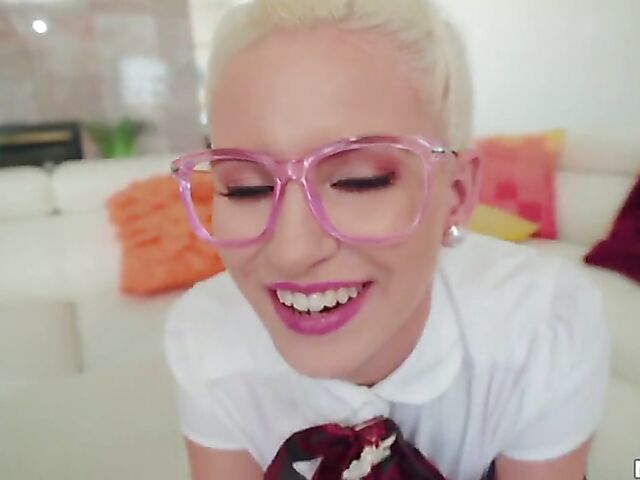 Petite blonde schoolgirl with glasses Kiara Cole is a little cock slut