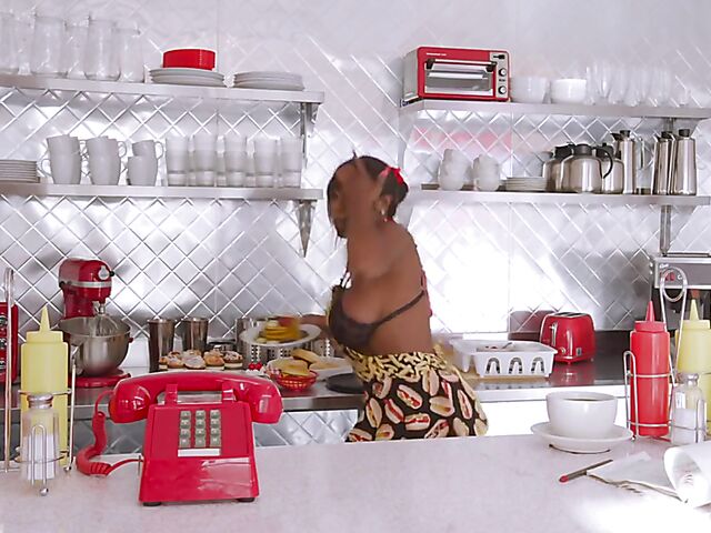 Messy food play, squirt and big dildo fun with huge tits ebony waitress Mystique