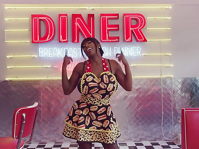 Messy food play, squirt and big dildo fun with huge tits ebony waitress Mystique