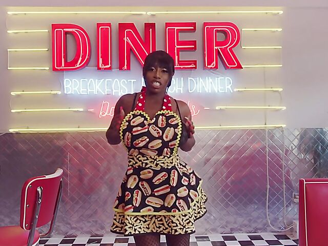 Messy food play, squirt and big dildo fun with huge tits ebony waitress Mystique