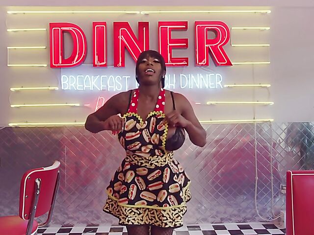 Messy food play, squirt and big dildo fun with huge tits ebony waitress Mystique