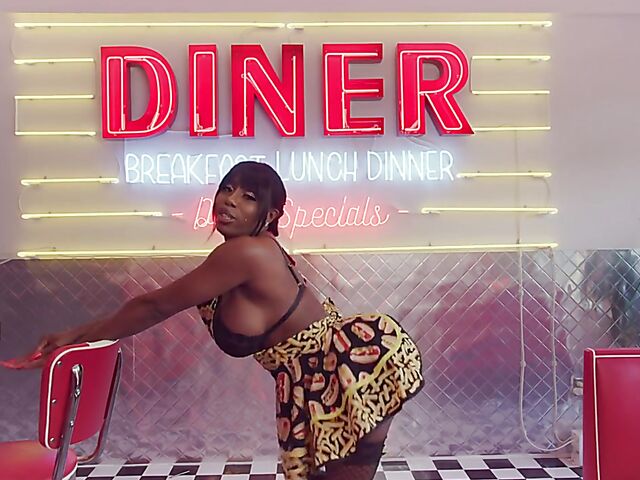 Messy food play, squirt and big dildo fun with huge tits ebony waitress Mystique