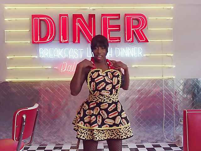 Messy food play, squirt and big dildo fun with huge tits ebony waitress Mystique