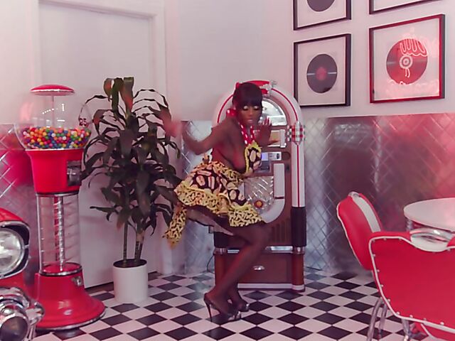 Messy food play, squirt and big dildo fun with huge tits ebony waitress Mystique