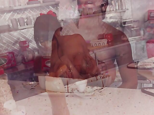 Messy food play, squirt and big dildo fun with huge tits ebony waitress Mystique