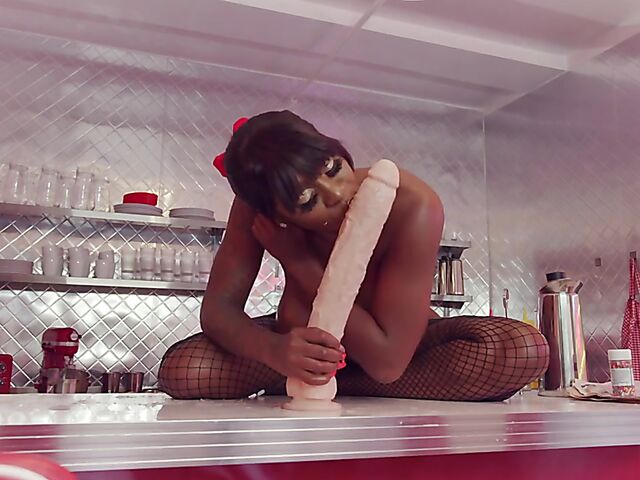 Messy food play, squirt and big dildo fun with huge tits ebony waitress Mystique