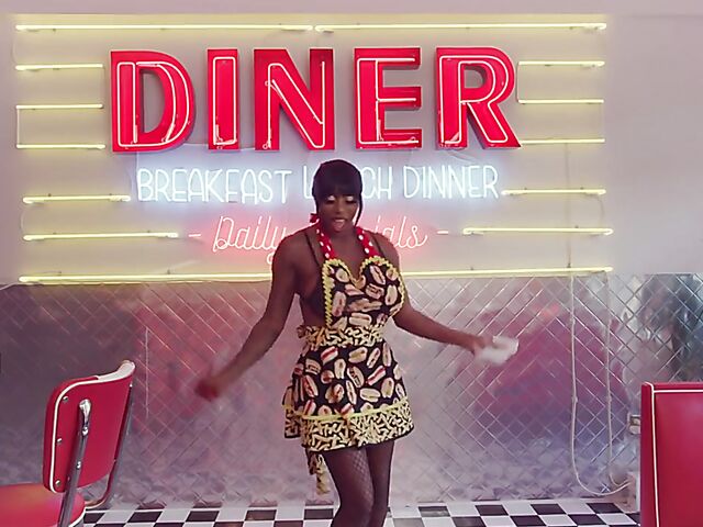 Messy food play, squirt and big dildo fun with huge tits ebony waitress Mystique