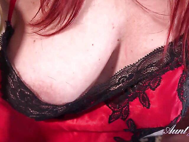 MILF redhead in lingerie Auntie Kattie gets naughty in her bedroom