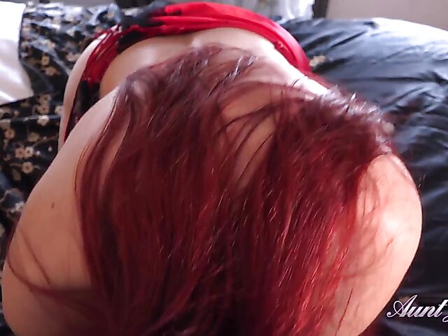 MILF redhead in lingerie Auntie Kattie gets naughty in her bedroom