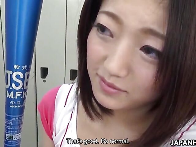 Japanese uniform porn with shaved baseball girl Kiara Minami getting nailed in the locker room