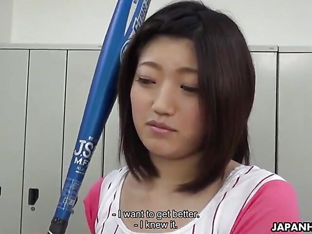Japanese uniform porn with shaved baseball girl Kiara Minami getting nailed in the locker room