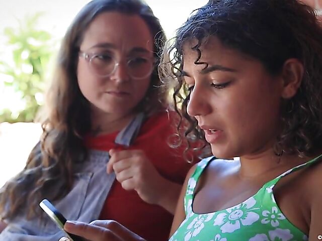 Aussie lesbian girls with hot bushes Juno and Rubi Valentine play outside