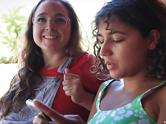 Aussie lesbian girls with hot bushes Juno and Rubi Valentine play outside