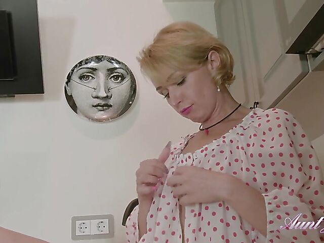 Flat chested MILF fingering in the kitchen with her panties down featuring 42-year-old Cherry