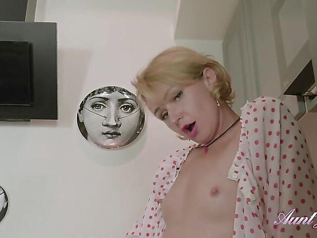 Flat chested MILF fingering in the kitchen with her panties down featuring 42-year-old Cherry