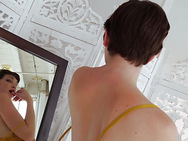 Short hair big tits model Jay Marie stripping nude and posing in the mirror