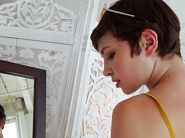 Short hair big tits model Jay Marie stripping nude and posing in the mirror