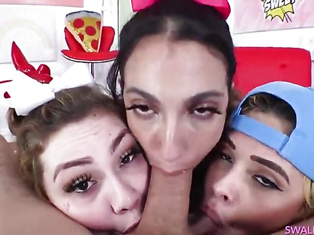 3 nasty girls Lenna Lux, Angelica Cruz and Jeyla Spice lick ass, suck balls and gag on cock