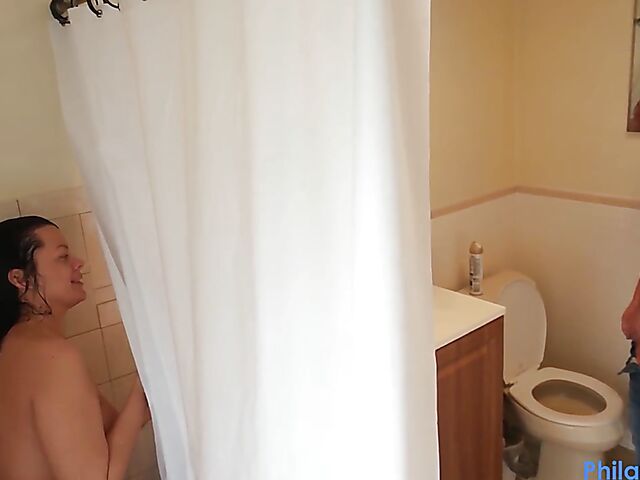 Sneaky bathroom sex with big breasted Nadia White