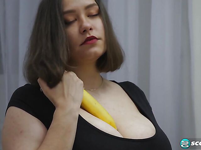 Big natural tits solo in the kitchen with busty Bonne Shine