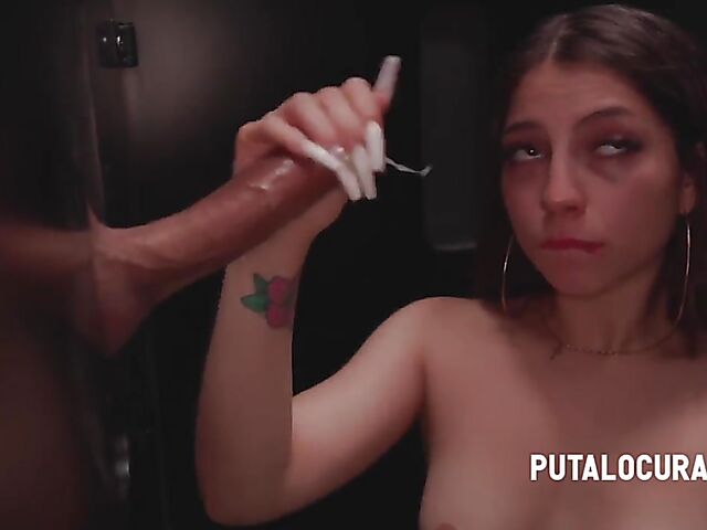 Gloryhole cum swallow action with hungry Roma Amor