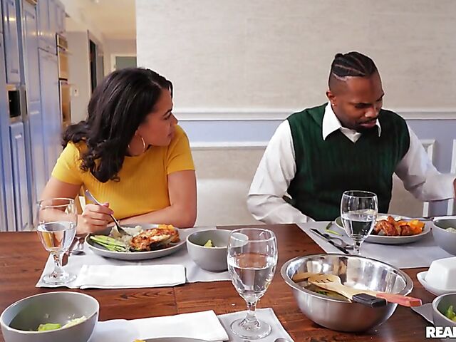 Ebony Mystique - Busty ebony squirt with a white dick