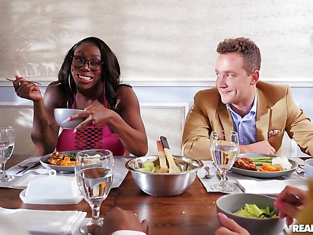 Ebony Mystique - Busty ebony squirt with a white dick