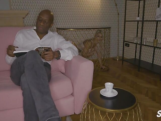 Caged big tits blonde Blanche Bradburry anal interracial fuck in white lingerie