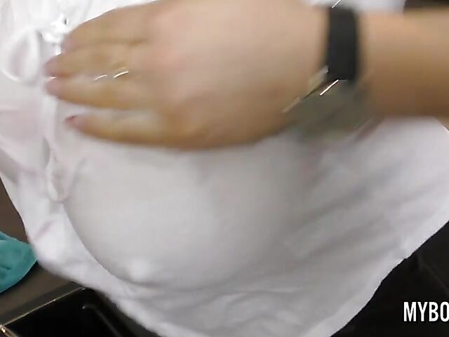 Talia Amanda washes the dishes with her huge natural tits out