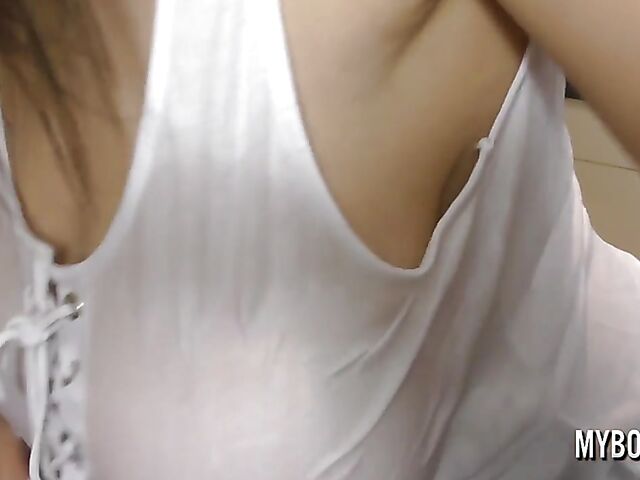Talia Amanda washes the dishes with her huge natural tits out