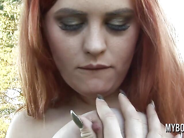 Alexsis Faye - Redheaded catwoman's big tits outdoor performance by the car