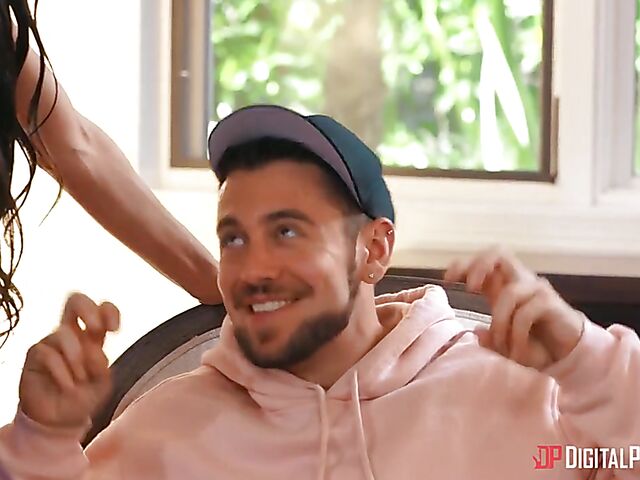 Skinny ebony girl Alexis Tae fucks a white guy by the fire