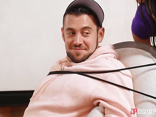 Skinny ebony girl Alexis Tae fucks a white guy by the fire