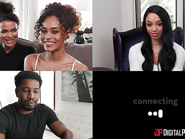 Skinny ebony girl Alexis Tae fucks a white guy by the fire