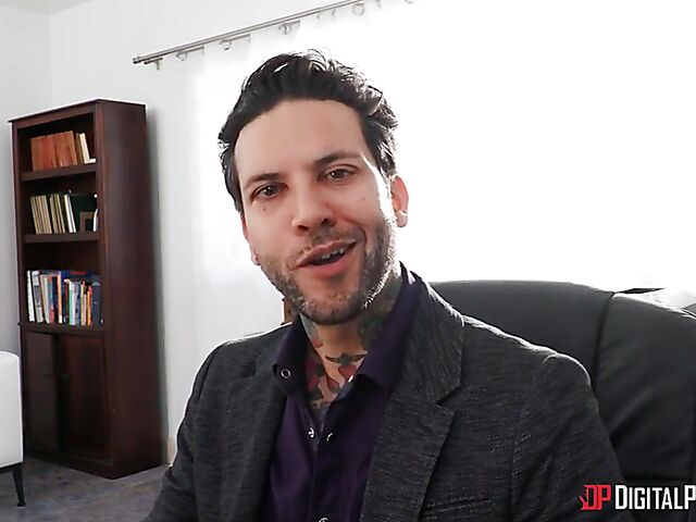 Skinny ebony girl Alexis Tae fucks a white guy by the fire