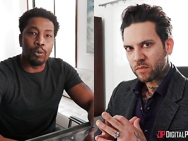 Skinny ebony girl Alexis Tae fucks a white guy by the fire