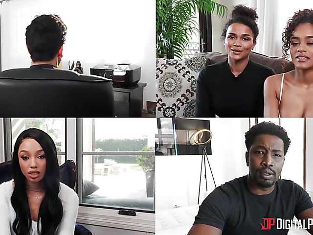 Skinny ebony girl Alexis Tae fucks a white guy by the fire