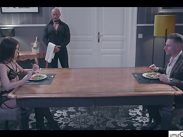 Kinky Clea Gaultier and Little Caprice threesome in black lingerie and stockings