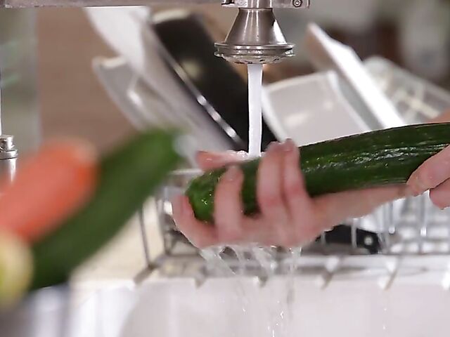 Cucumber masturbation in the kitchen and interracial DP with Sasha Rose